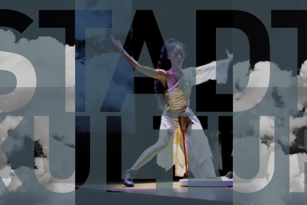 Logo STADTKULTUR tansparent, dahinter Tänzerin