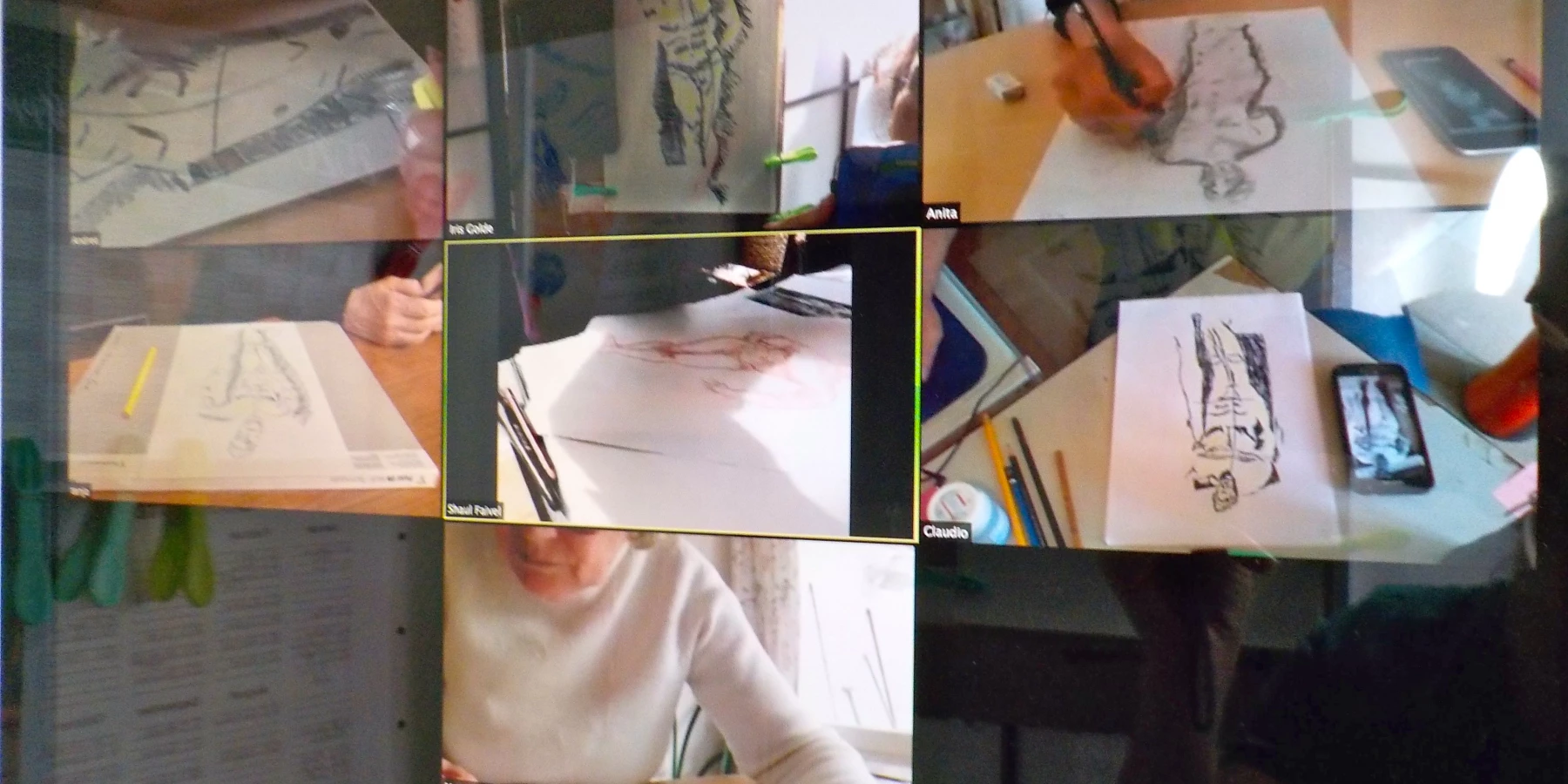 Bildschirmfoto von den Teilnehmer*innen des Workshops und ihren gemalten Werken