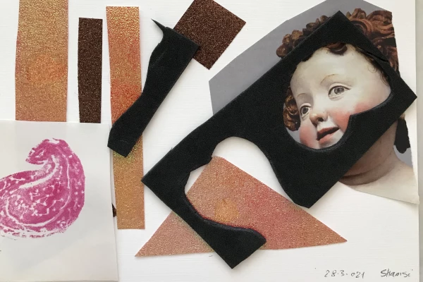 Collage mit u.a. schwarzen Formen, Abbild einer Engelskulptur und glitzernden Papierausschnitten