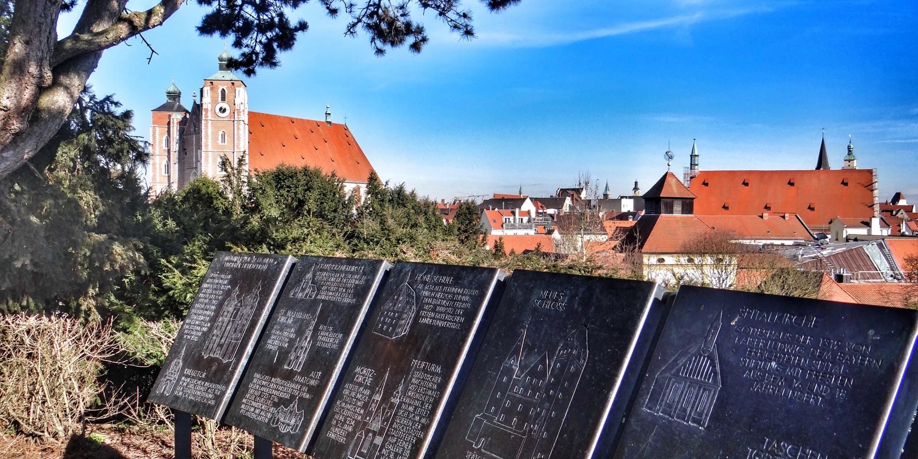 Ausblick Scherbelberg bei klarem Wetter mit Infotafeln vorne