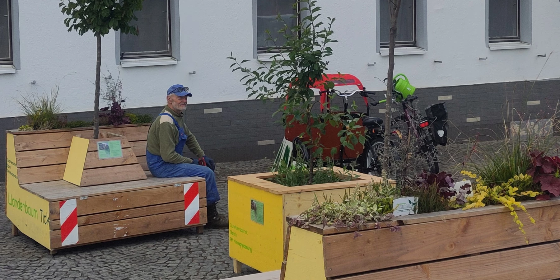Ein Mann sitzt auf einer Holzbank, es stehen Holzkästen mit Bäumen daneben, sowie auf der Bank integriert