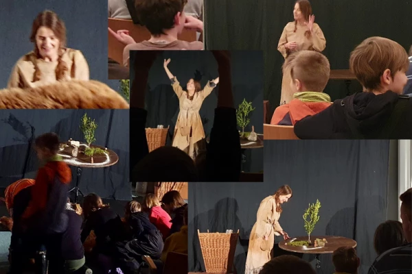 Fotocollage von der Workshopleiterin auf der Bühne, während Kinder zuschauen