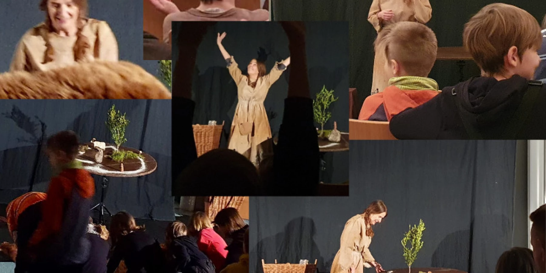 Fotocollage von der Workshopleiterin auf der Bühne, während Kinder zuschauen