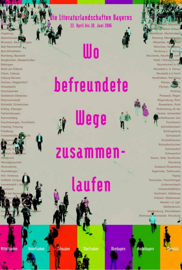 Titelseite „Wo befreundete Wege zusammenlaufen“: am linken und rechten Coverrand sind bayerische Städtenamen gelistet, dazwischen stehen viele kleine Menschenfiguren