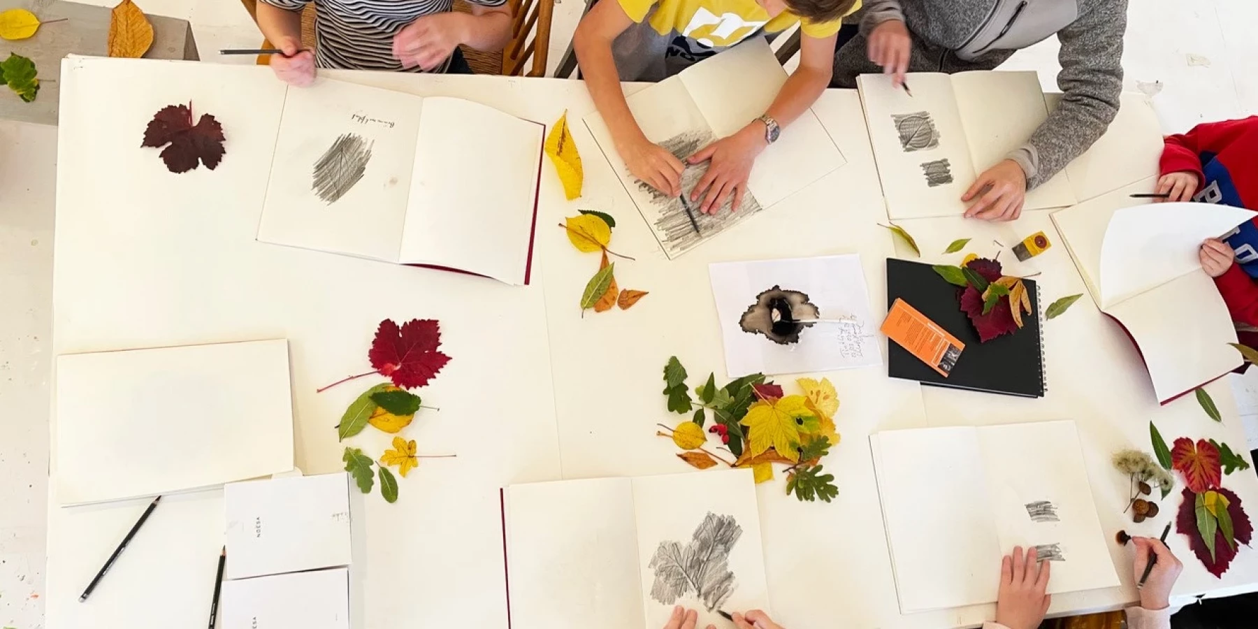 Vogelperspektive auf Kinder an einem Tisch, auf dem Herbstlaub, Papier und Malutensilien stehen